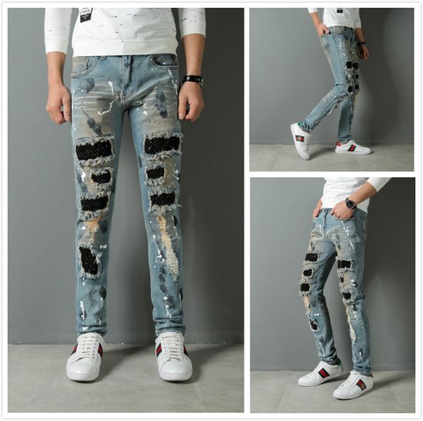 

men's korean style jeans trend men's jeans blue old paint punk wind high street hole slim feet trousers