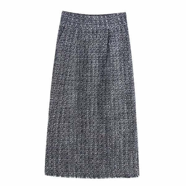 

women vintage houndstooth plaid straight midi skirt faldas mujer ladies pleats back zipper woolen vestidos chic skirts qun531, Black