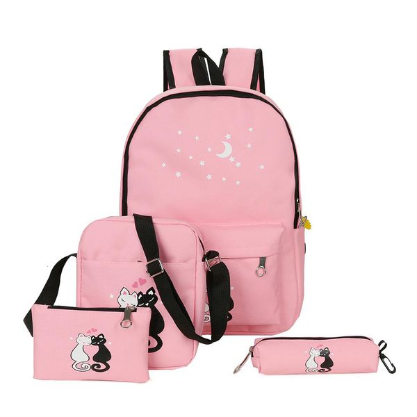 

4pcs/set canvas women backpack schoolbag printing cute cat school bag bagpack for teenager girls sac a dos mochila feminina