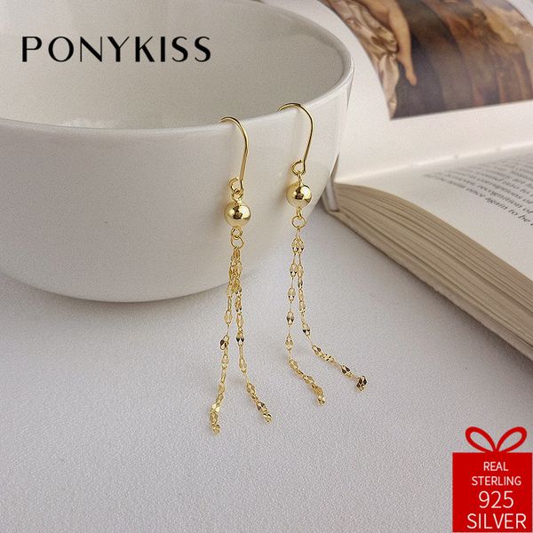 

ponykiss trendy s925 sterling silver chic tassel chain dangle drop earrings for women fashion accessory party fine jewelry gift, Golden;silver
