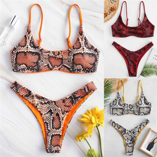 

bikinis set women fancy padded swimwear swimsuit bathing push-up bra briefs beach bikini brazilian snakeskin print biquinis