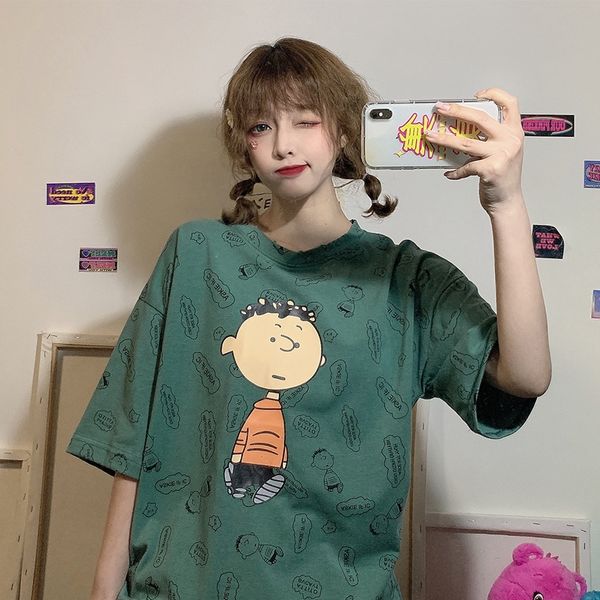 

2020 loose large-size t-shirt short-sleeved t-shirt women's cartoon printing midi student lazy half-sleeved top, White