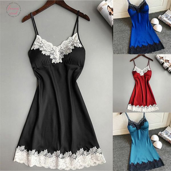 

ladies silk satin night dress sleeveless nighties v neck nightgown big size nightdress lace sleepwear nightwear for women, Black;red