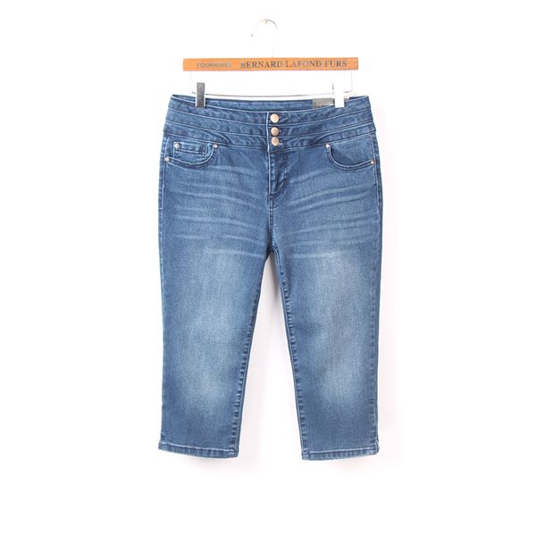 

high waist summer women fashion straight style water wash bleached casual jean capri female trendy color calf length denim pants, Blue