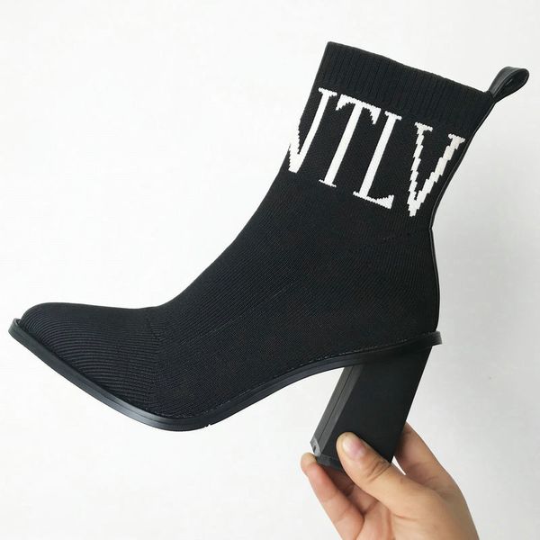 

black pointed toe sock boots women fashion comfort block heel ankle boots ladies party short woman fall winter