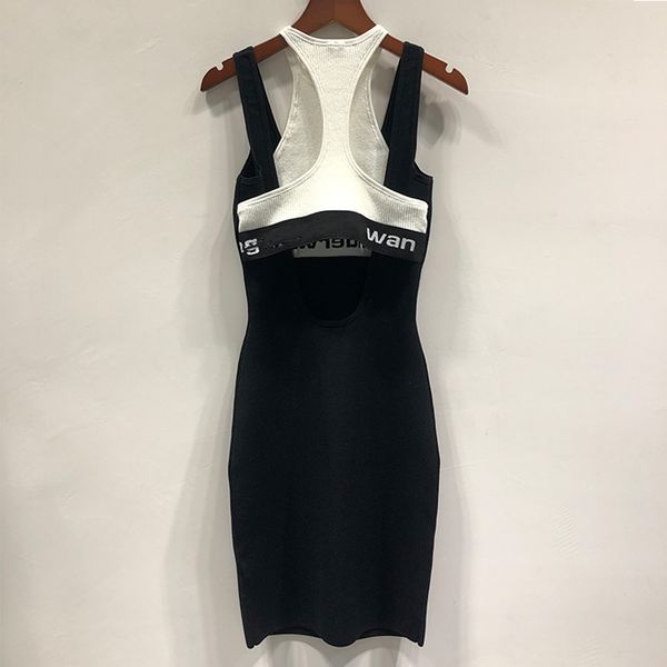 

2020 women dress summer knitted dress slim backless hollow out letter patchwork casual party, Black;gray