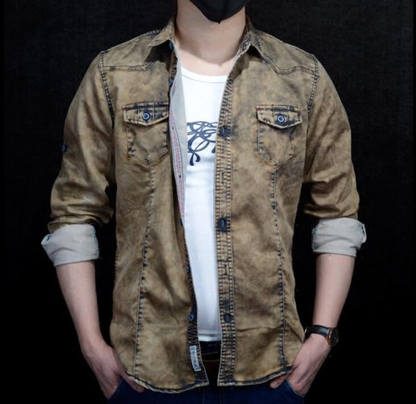 

tooling washed denim shirt men long sleeve shirt teenage korean mens personality stage singer dance, Black;brown