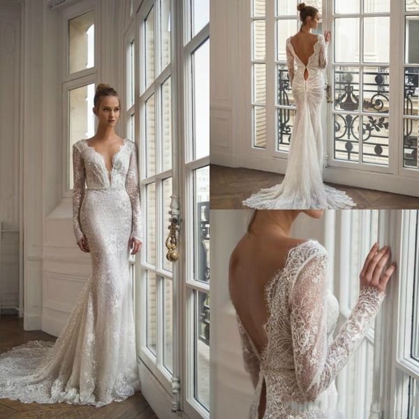 

mermaid lace wedding dresses 2020 long sleeve v neck bridal gowns backless appliqued sweep train wedding dress, White