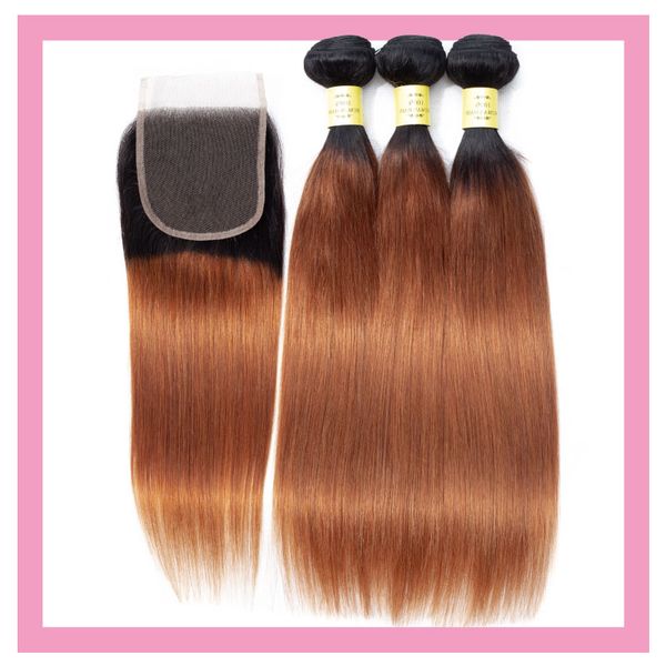 

индийские девственные пучки волос с закрытием шнурка 4x4 1b / 30 ombre выдвижения человеческих волос 4pcs прямые 1b 30 прямые утки человечес, Black;brown