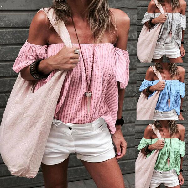 

plus size 2xl elegant women off shoulder short sleeve slash neck ladies casual summer boho style t-shirt, White