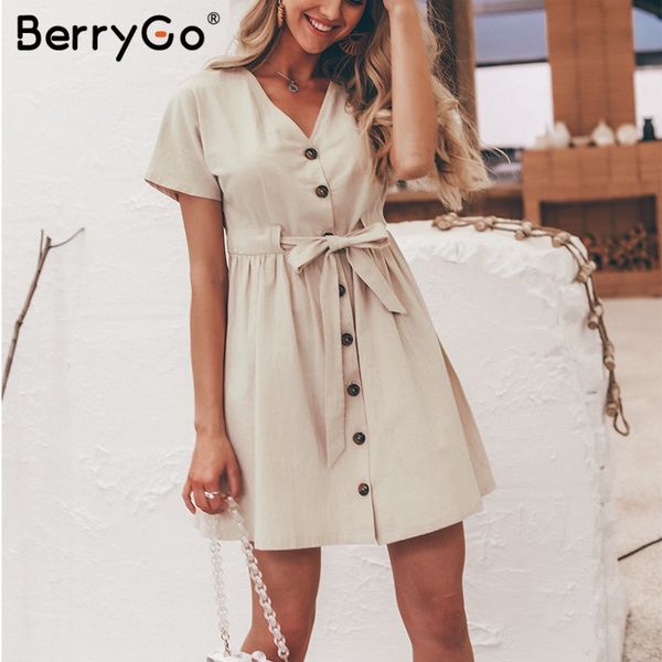 

Sexy v-neck women dresses linen dress Vintage short sleeve button sash mini dress Casual streetwear summer dress vestido