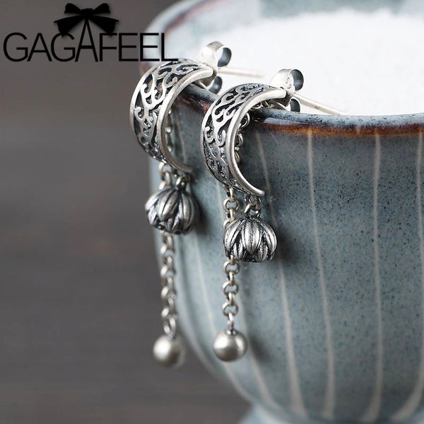 

gagafeel 100% s925 sterling silver tassel drop earrings with silver bead lotus bud dangle earrings vintage women jewelry