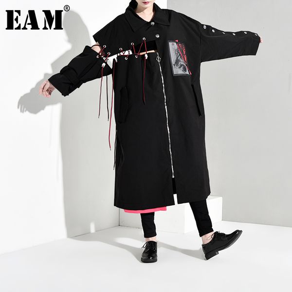 

eam] women hollow out bandage big size long trench new lapel long sleeve loose fit windbreaker fashion autumn winter 2019 1b064, Tan;black