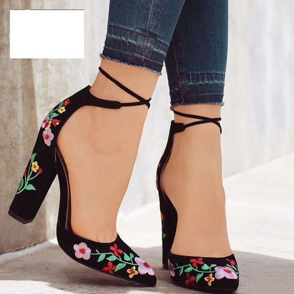 

women high heels plus size embroidery pumps flower ankle strap shoes female two piece party wedding pointed toe, Black