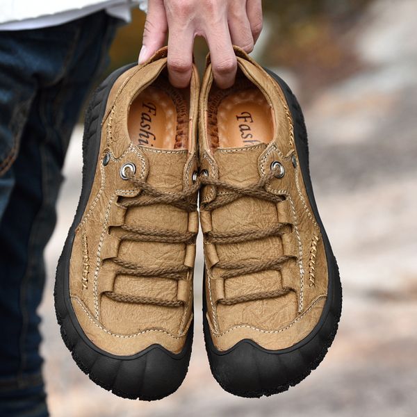 

2019 new men leather casual shoes breathable wear-resistance hunting boots outdoor shoes climbing sneakers men fashion, Black