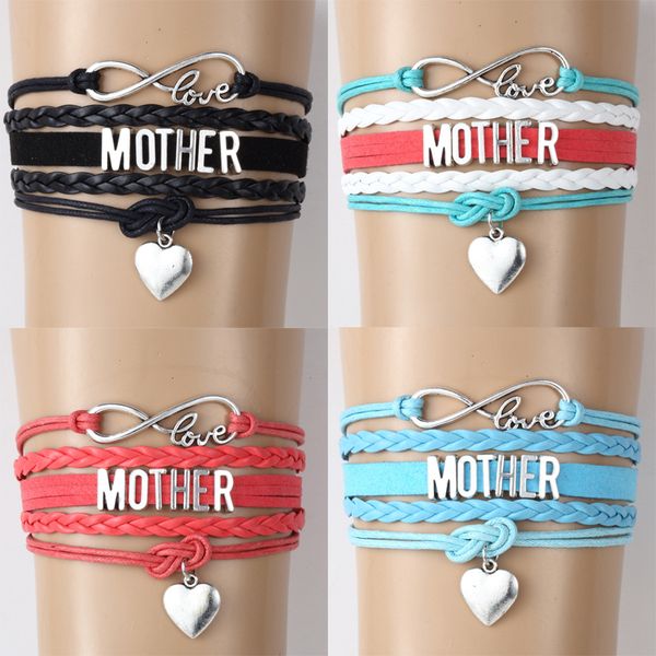 

New Mother Letter Braided leather Rope warp bracelets For women MOM Love Heart charm Fashion handmade Jewelry Mother's Day gift
