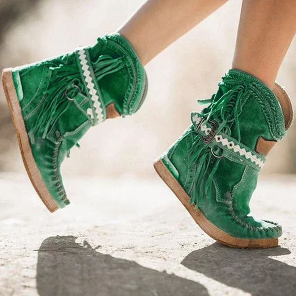 

boots womens tassel flats shoes round toe retro fringe thick bottom ankle boots ladies shoes botas mujer winter warm women, Black