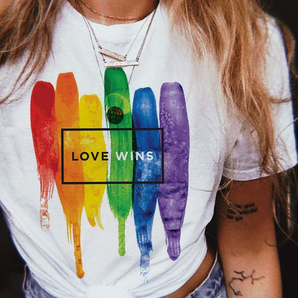 

lgbt gay t shirt women tee shirts female bisexual love wins kawaii lesbian rainbow t-shirt love is tshirt lesbian femme, White