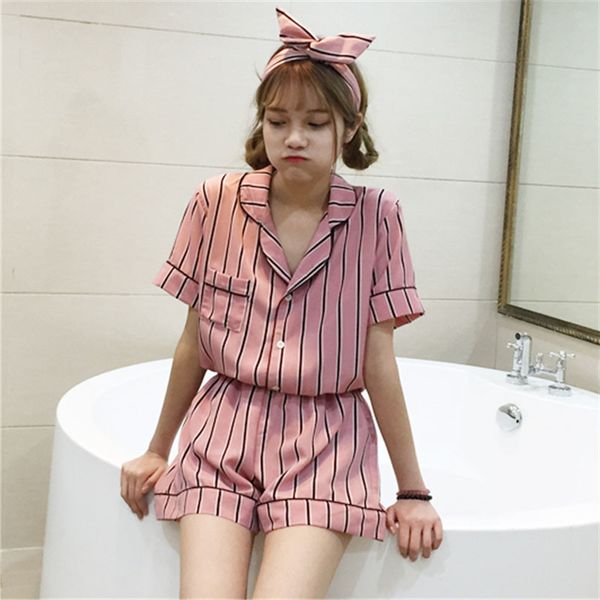 

2019 summer cute 2pcs pajama sets women striped sleepwear shirt mini shorts two pieces set female home ware nightwear, Blue;gray