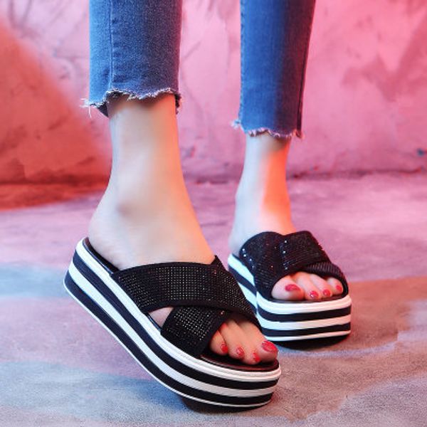 

slip indoor home slippers beach flip flops flat slides sandal women open toe platform lady summer slippers flat with gilr shoes, Black