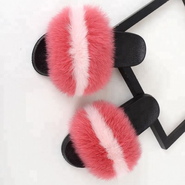 

new ladies genuine fox fur slipper women shoes 2020, Black