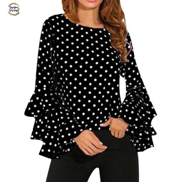 

2019 лето женщина блуза blusa vintage лепесток рукав шифон блузка рубашка офис полька dot женщина рубашка o шеи оборки плюс размер, White