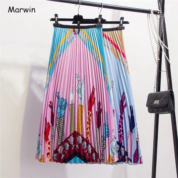 

marwin 2019 new-coming women europen printing cartoon pattern high street style a-line mid-calf summer women skirts, Black