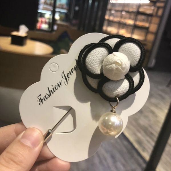 

retro black white camellia fabric flower pearl brooch korean small fragrance sweater buckle woolen coat lapel pin accessories, Gray