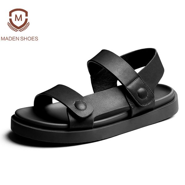 

sandals maden 2021 summer cool sandalias hombre men leather hook&loop button slides nude black male beach slippers