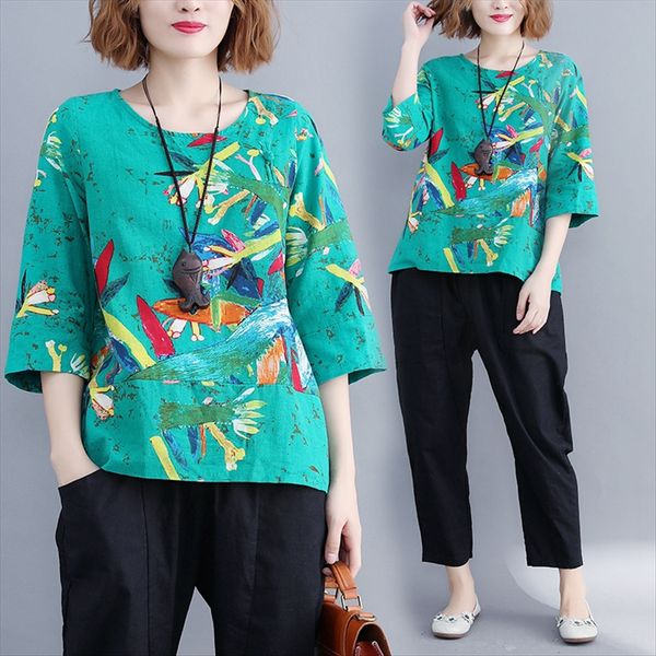 

autumn clothes loose large size t-shirt cotton linen color matching printing plate buckle decoration seven sleeve cotton and linen t-shirt w, White