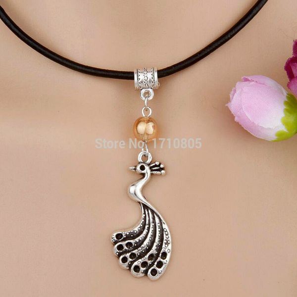 

10pcs alloy ancient silver peacock multicolor glass bead charm pendant leather rope necklace couple jewelry valentine's day present