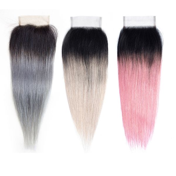 

ombre grey 4x4 lace closure brazilian remy human hair extension color 1b pink peruvian indian malaysian straight human hair 12-14 inch, Black;brown