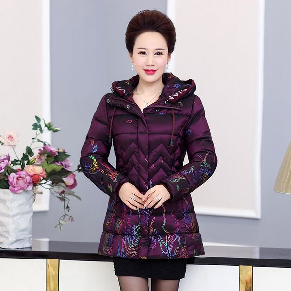 

middle-aged women parka padded jacket 2018 winter new mother's coat hooded thickening warm pteris printed cotton-wadded jacket, Tan;black