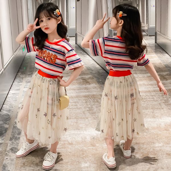 

fashion summer girls clothing set 2020 children striped t-shirt+princess gauze skirt 2pcs outfits 3 -14 y teen kids girl clothes, White
