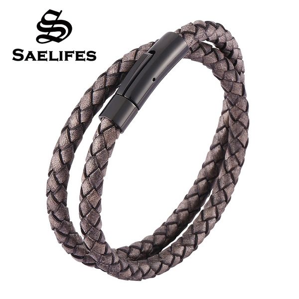 

fashion retro gray braided leather double layer bracelet stainless steel snaps men women jewelry wristband gifts pb0487, Golden;silver