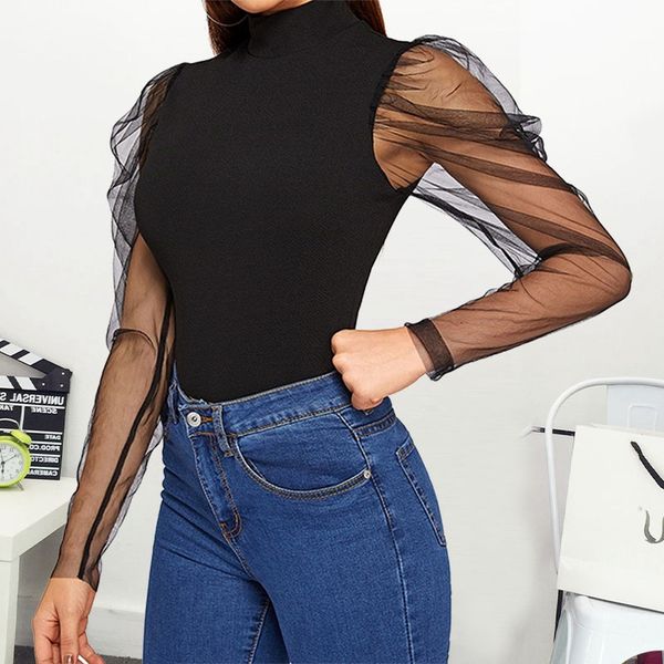 

2020 новый женщины блузы elegant turtle neck top casual женские рубашки топы тюль тройники puff рукавом свободная блуза, White