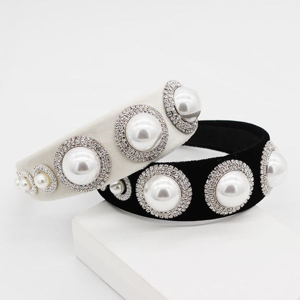 

new baroque fashion wild big pearl rhinestone geometric headband travel party trend personality headband 892, Golden;white