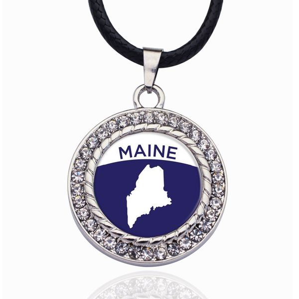 

maine outline circle charm crystal pendant necklaces for women vintage charm choker necklace party jewelry gift, Bronze;silver