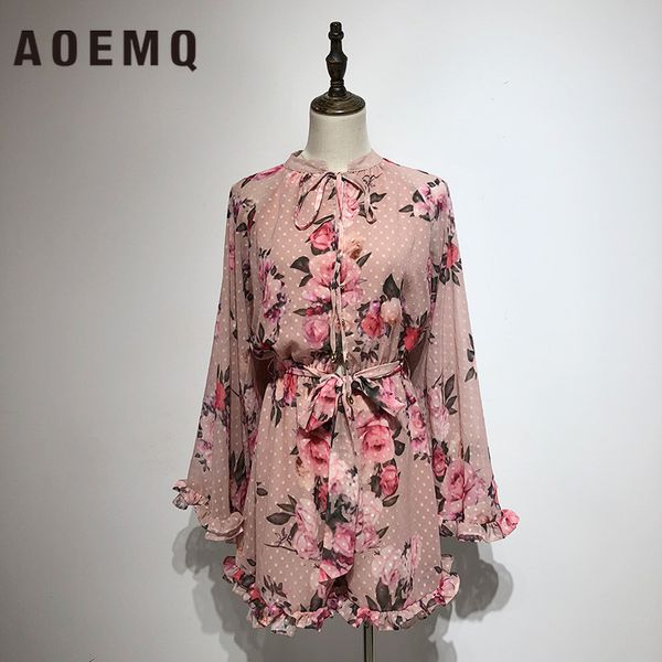 

aoemq early spring new slim wood ear lotus leaf long sleeve round neck tie chiffon wide leg one-piece short skirt, Black;white