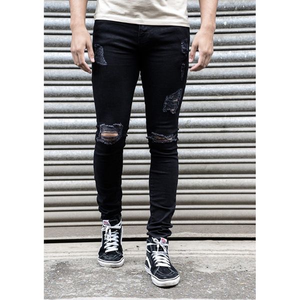 

shuyanly autumn men's tight-fitting solid color denim men's jeans black light blue jeans male