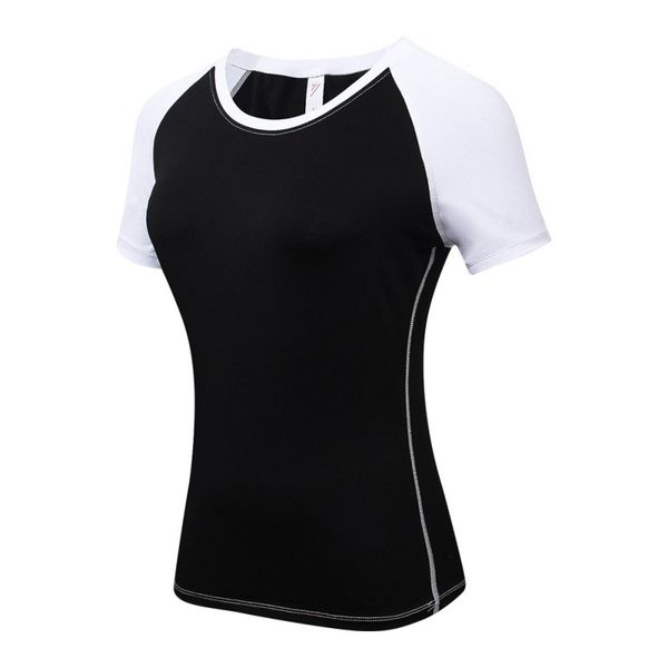 

ladies yoga skinny short sleeve fitness running sports training quick dry elastic color matching round neck t-shirt, Black;blue