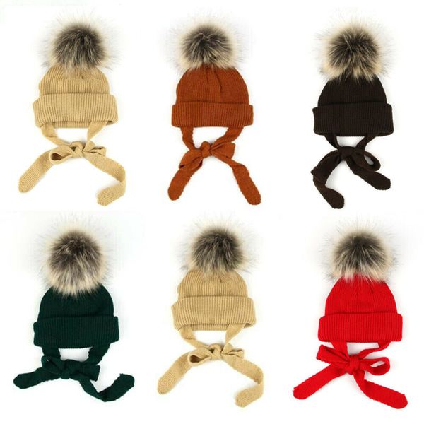 

fashion newborn baby boy girl fur pom bobble hat winter warm knit beanie ski cap, Yellow