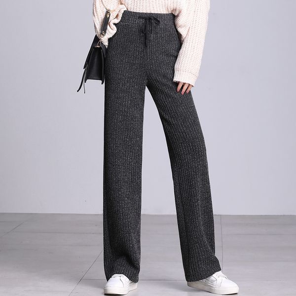 

women casual loose knitted pants female autumn and winter students high waist loose straight pants soft waxy knit wide leg, Black;white