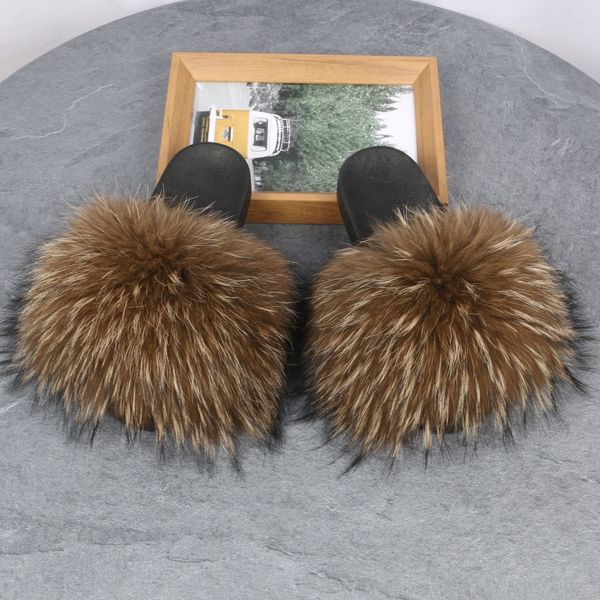 

racoon fur slippers fur slippers for women mink fur slippers for women, Black