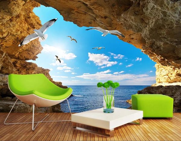 

wallpaper for walls 3 d for living room blue sky white clouds seagull landscape background wall