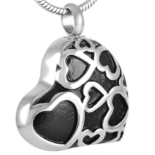 

ijd8352 stainless steel cremation black crystal love heart urn pendant necklace locket memorial for ashes keepsake with chain jewelry, Silver