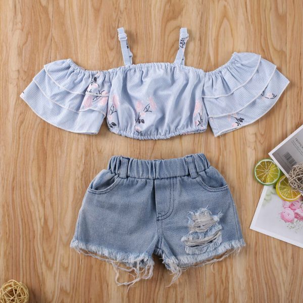 

fashion kids baby girls clothes off shoulder + ripped denim shorts set us, White