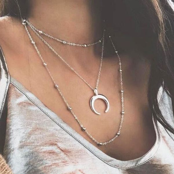 

fashion korean style multilayer ox horn crescent moon pendant necklaces for women silver chain copper beads clavicle necklace jewelry yn53