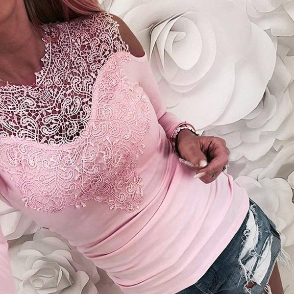 

womens slim women lace long sleeve tshirts casual solid hollow flower blouse pullover office, White