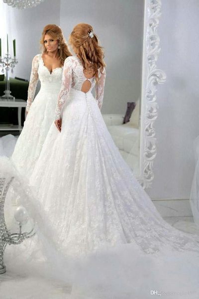 

2020 sweetheart beaded hollow back applique plus size court train bridal gowns lace sheer illusion long sleeves a-line wedding dresses, White